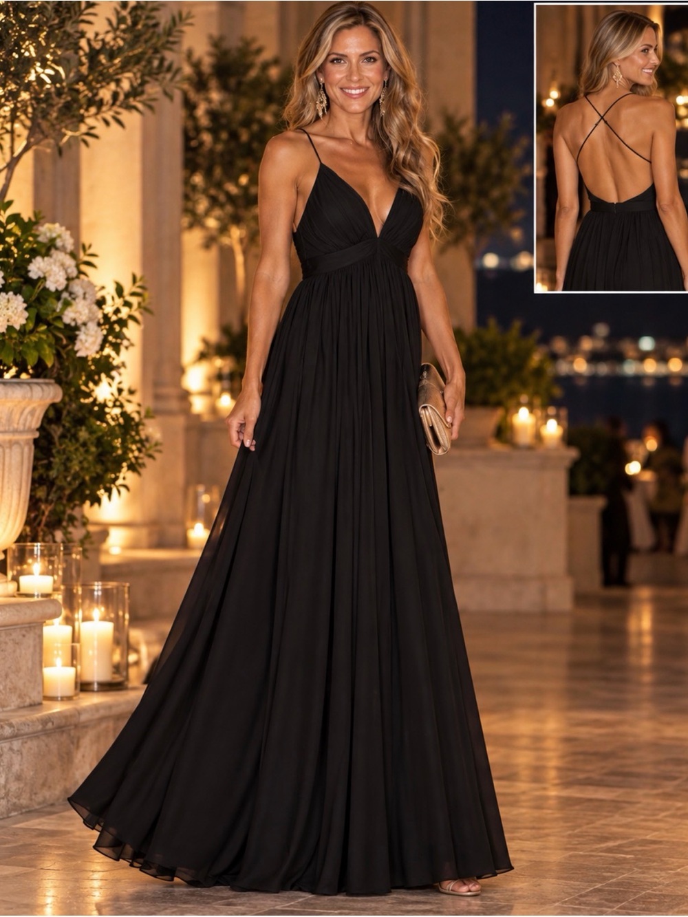 L'AGENCE Black V-Neck Strappy Maxi Gown Size XL